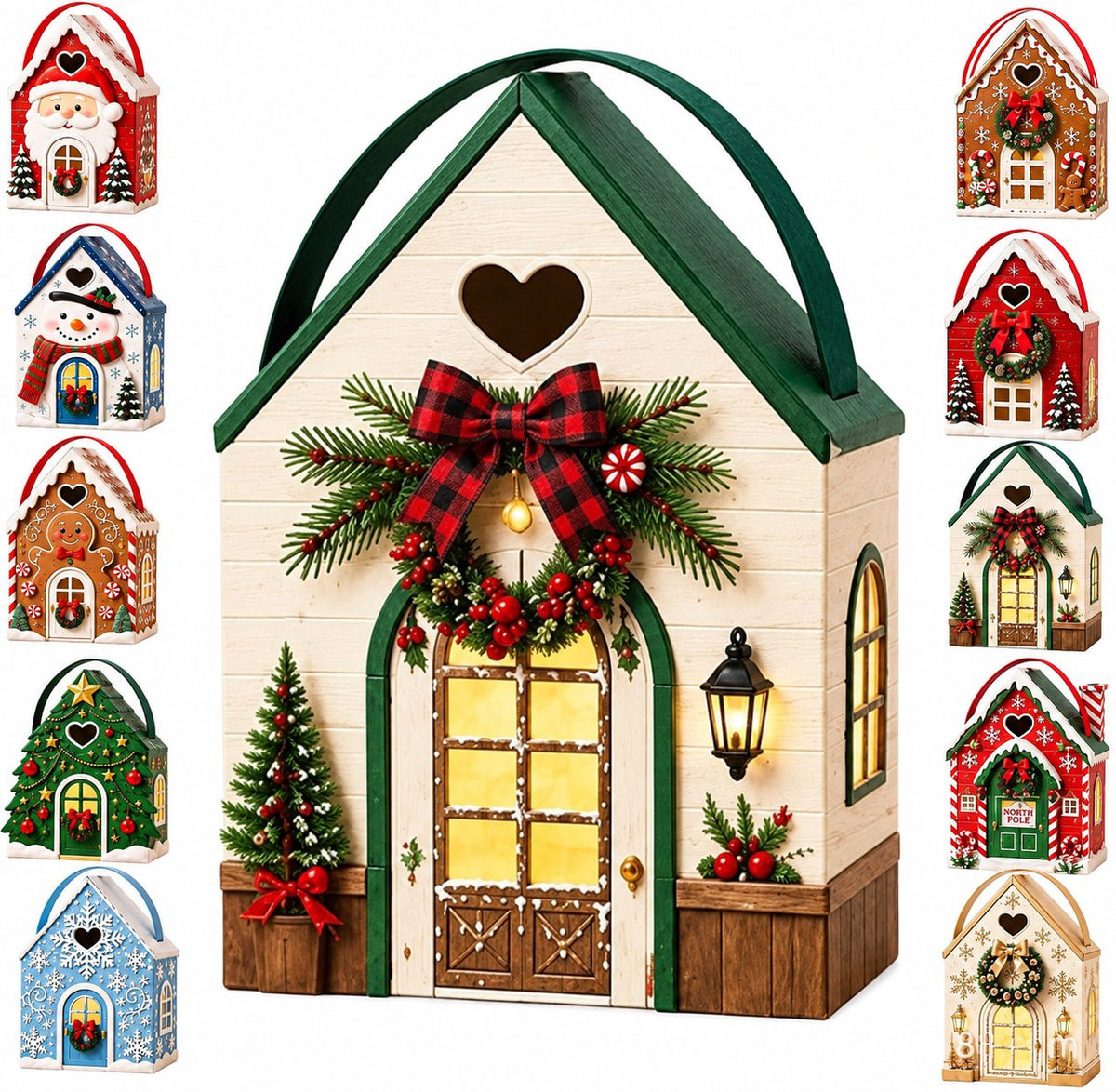🏠 Gaveeske med «Christmas Cottage»-håndtak – festlig 3D-emballasje i form av et hus til små godbiter