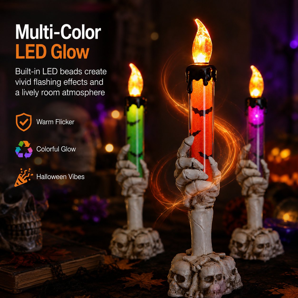 🎃 Siste dag med 50 % rabatt – LED-lysett med glitter i form av et skjelett, hodeskalle og hånd til Halloween