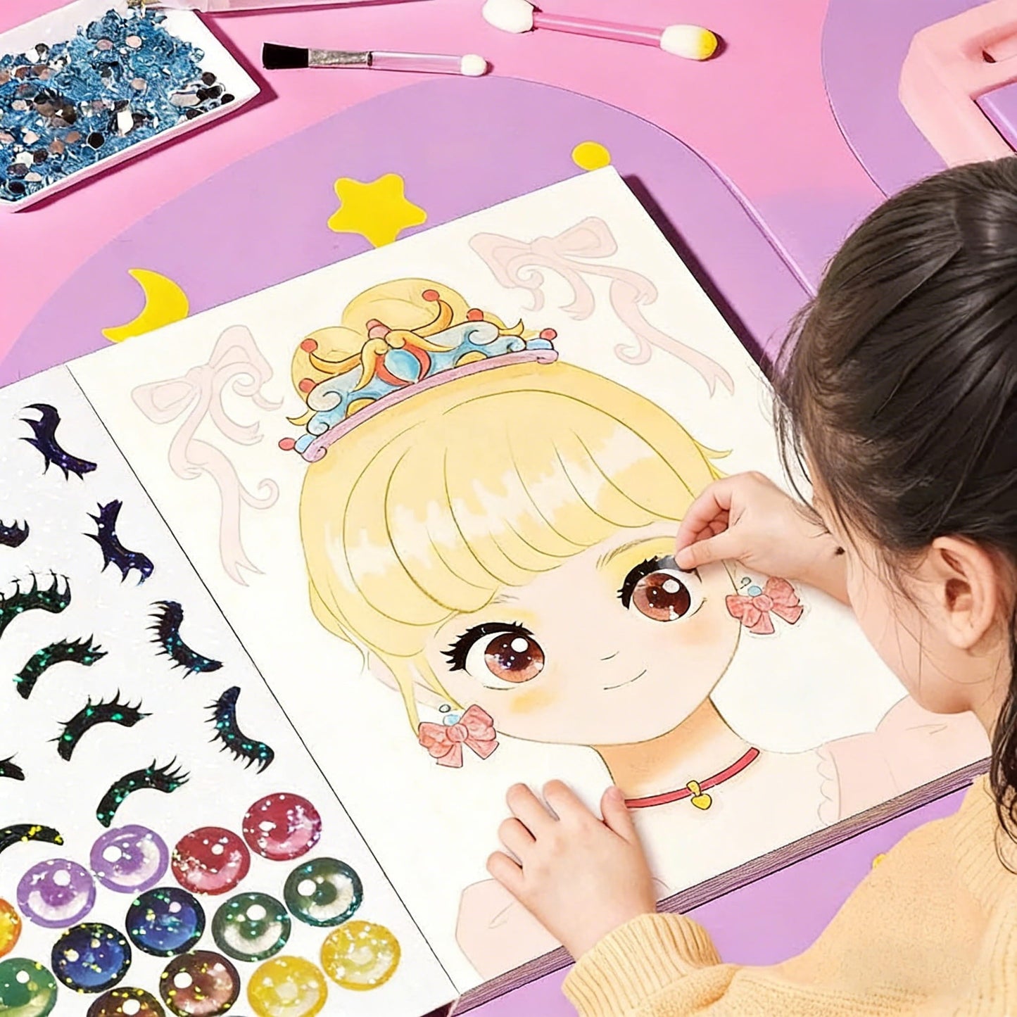 👸Prinsesse DIY-håndverkssett: sminke, diamantkunst og påkledning