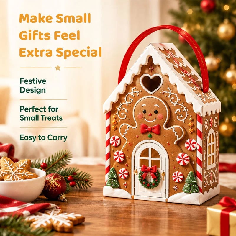 🏠 Gaveeske med «Christmas Cottage»-håndtak – festlig 3D-emballasje i form av et hus til små godbiter