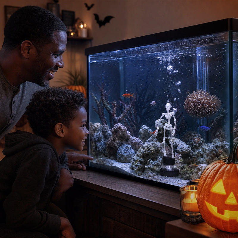 💀Et must-have til den skumle årstiden! Dynamisk akvariedekorasjon med skjelett – gi akvariet ditt nytt liv denne halloween! 🎃💀