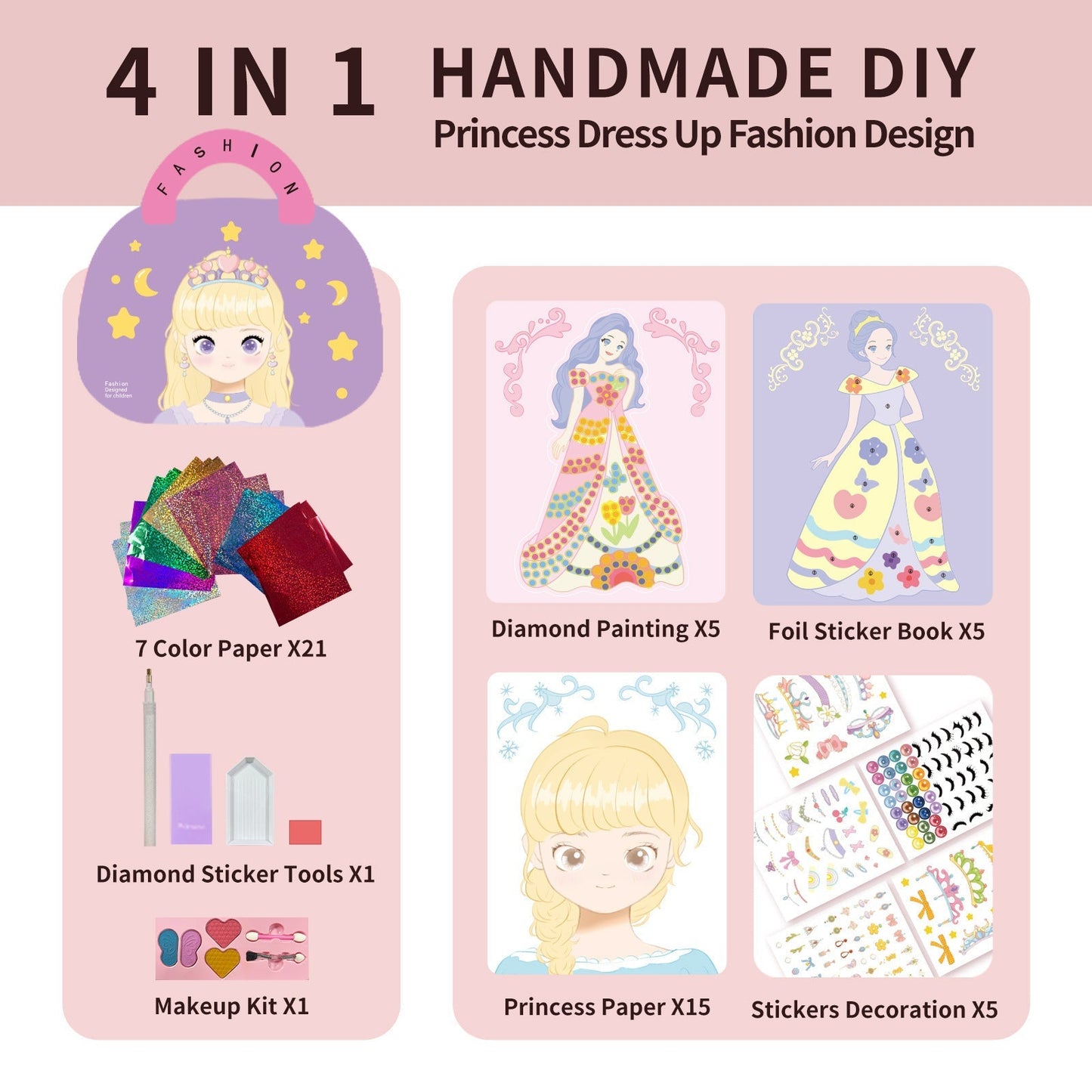 👸Prinsesse DIY-håndverkssett: sminke, diamantkunst og påkledning