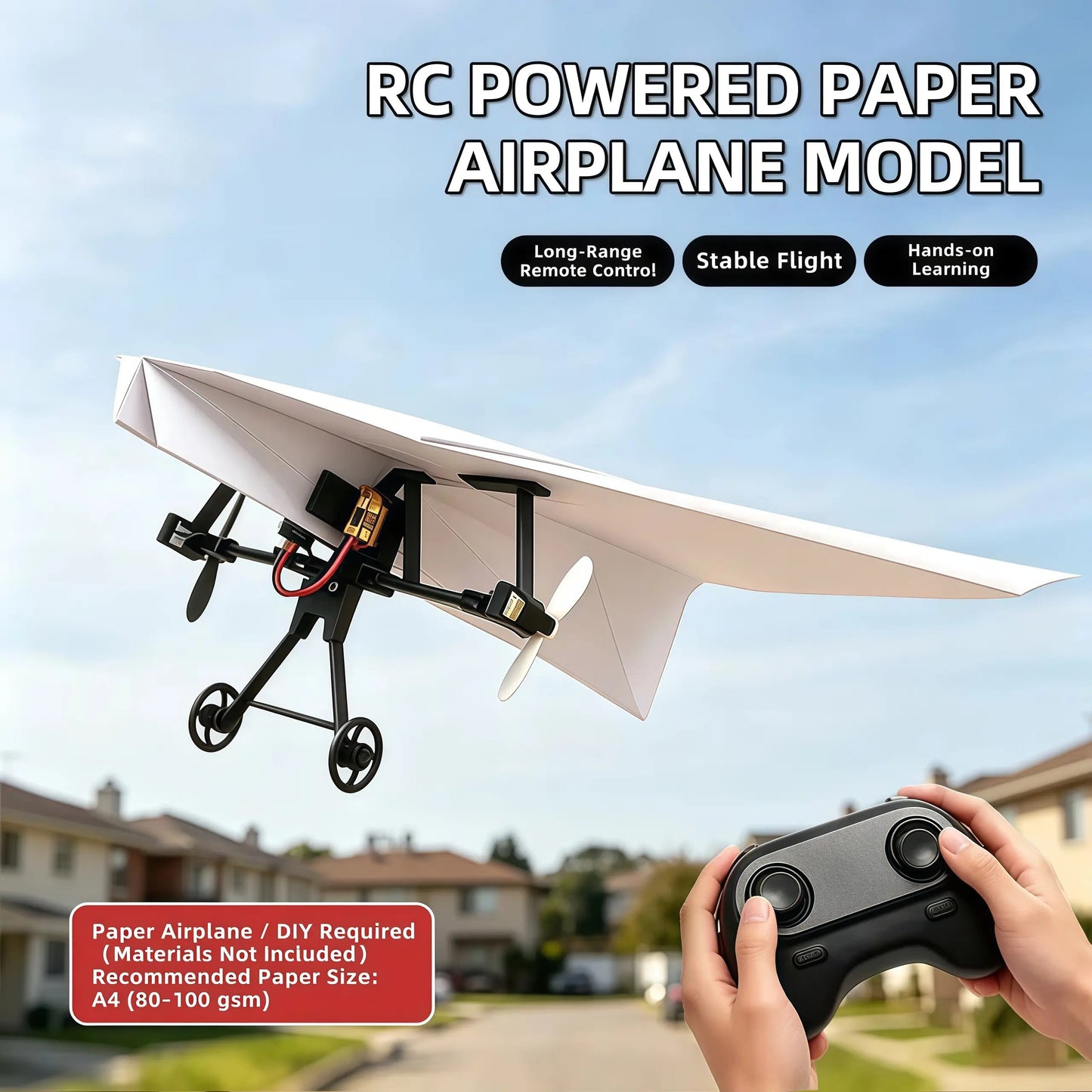 Hotfree Power-Up RC-papirfly-sett med gyrostabilisator – elektrisk fjernstyrt fly til selvbygging med to propeller, lett og sammenleggbart STEM-leketøy