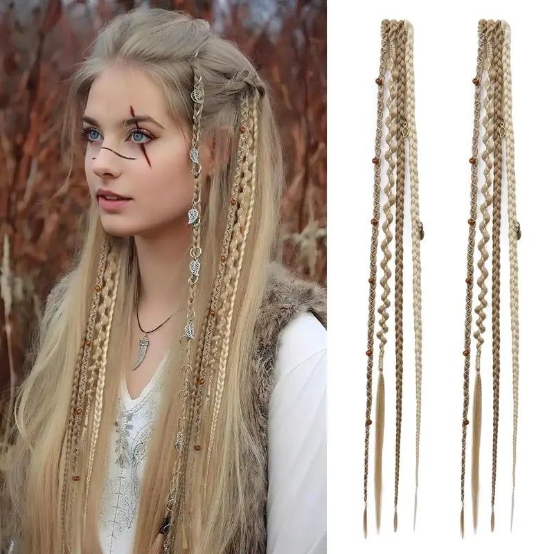 🌿🎨 Boho-flettede clip-in-fletter med perler – Enkel forvandling av frisyren til festivaler og hverdagsbruk (✨2 stk.)
