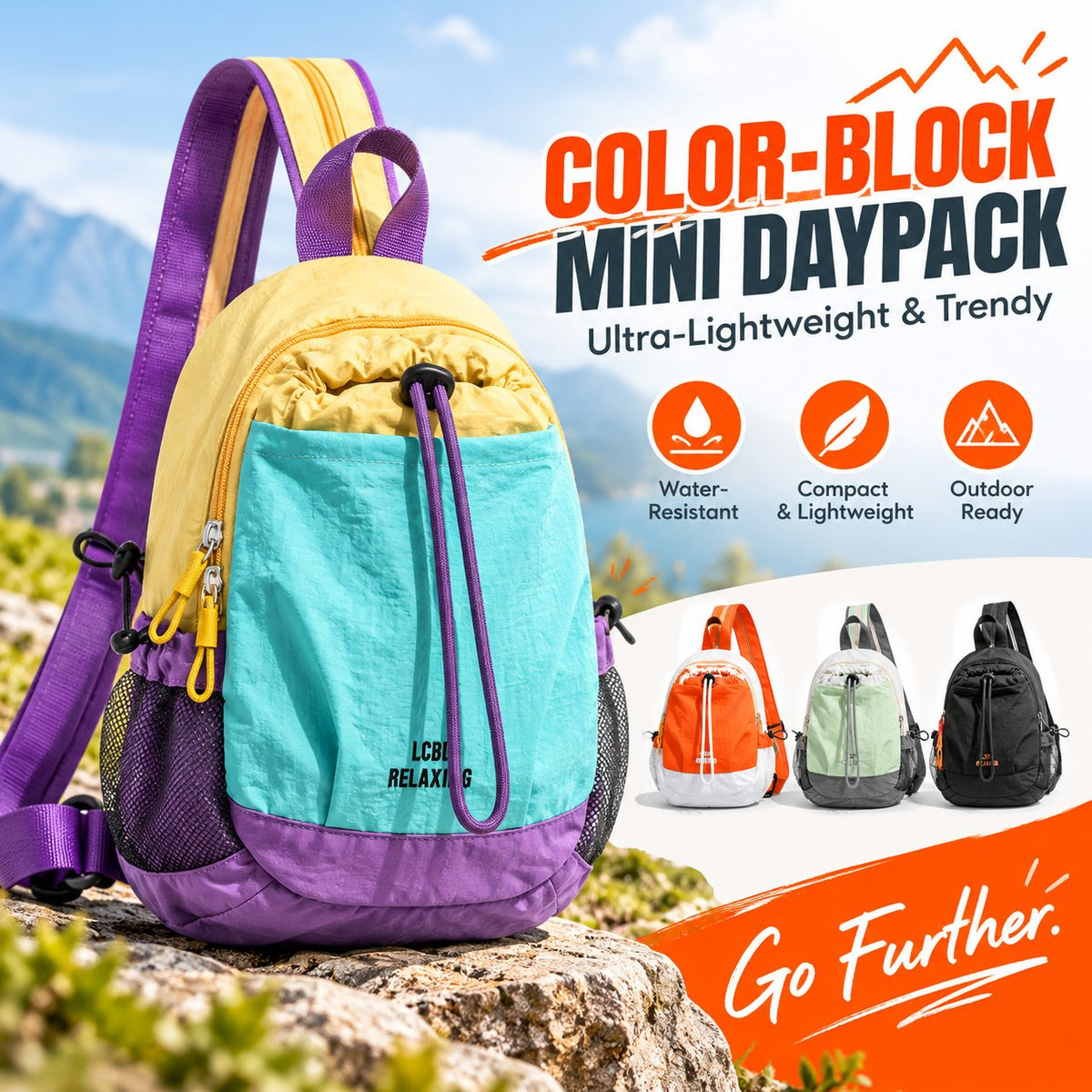 🎒Unisex lett mini-ryggsekk i nylon med fargeblokker – Kompakt og vannavstøtende dagstursekk for alle slags opplevelser