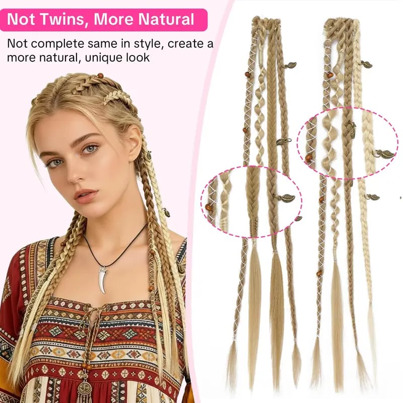 🌿🎨 Boho-flettede clip-in-fletter med perler – Enkel forvandling av frisyren til festivaler og hverdagsbruk (✨2 stk.)