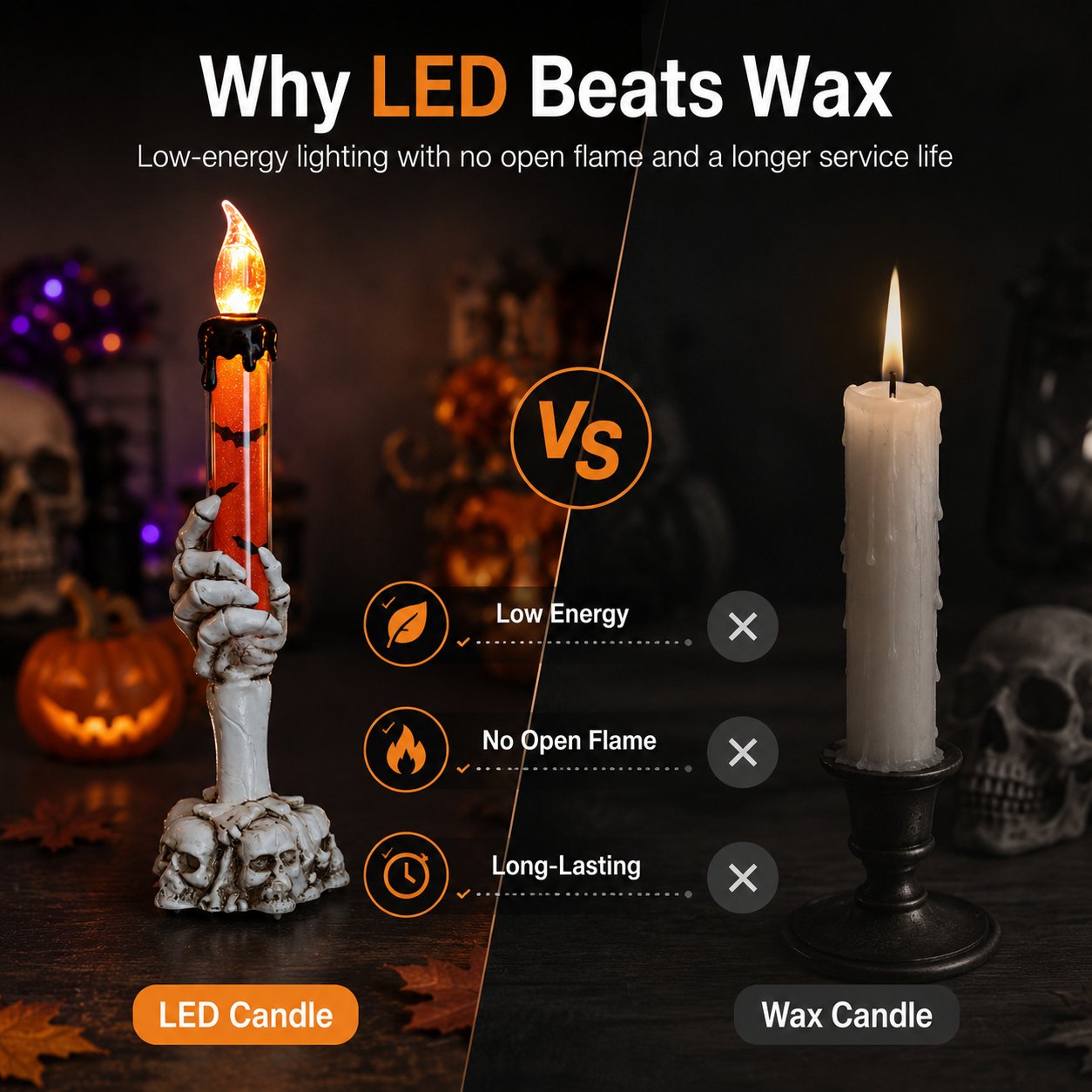 🎃 Siste dag med 50 % rabatt – LED-lysett med glitter i form av et skjelett, hodeskalle og hånd til Halloween