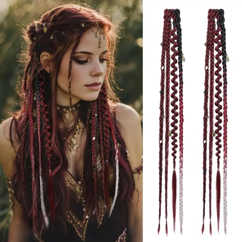 🌿🎨 Boho-flettede clip-in-fletter med perler – Enkel forvandling av frisyren til festivaler og hverdagsbruk (✨2 stk.)