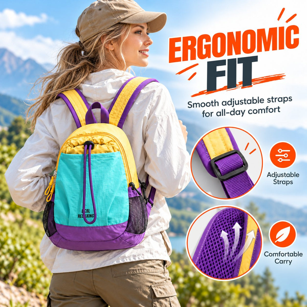 🎒Unisex lett mini-ryggsekk i nylon med fargeblokker – Kompakt og vannavstøtende dagstursekk for alle slags opplevelser