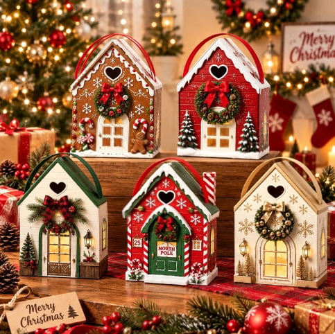 🏠 Gaveeske med «Christmas Cottage»-håndtak – festlig 3D-emballasje i form av et hus til små godbiter