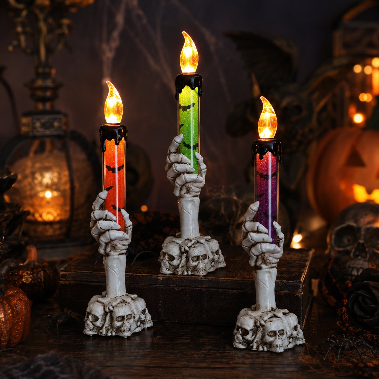 🎃 Siste dag med 50 % rabatt – LED-lysett med glitter i form av et skjelett, hodeskalle og hånd til Halloween