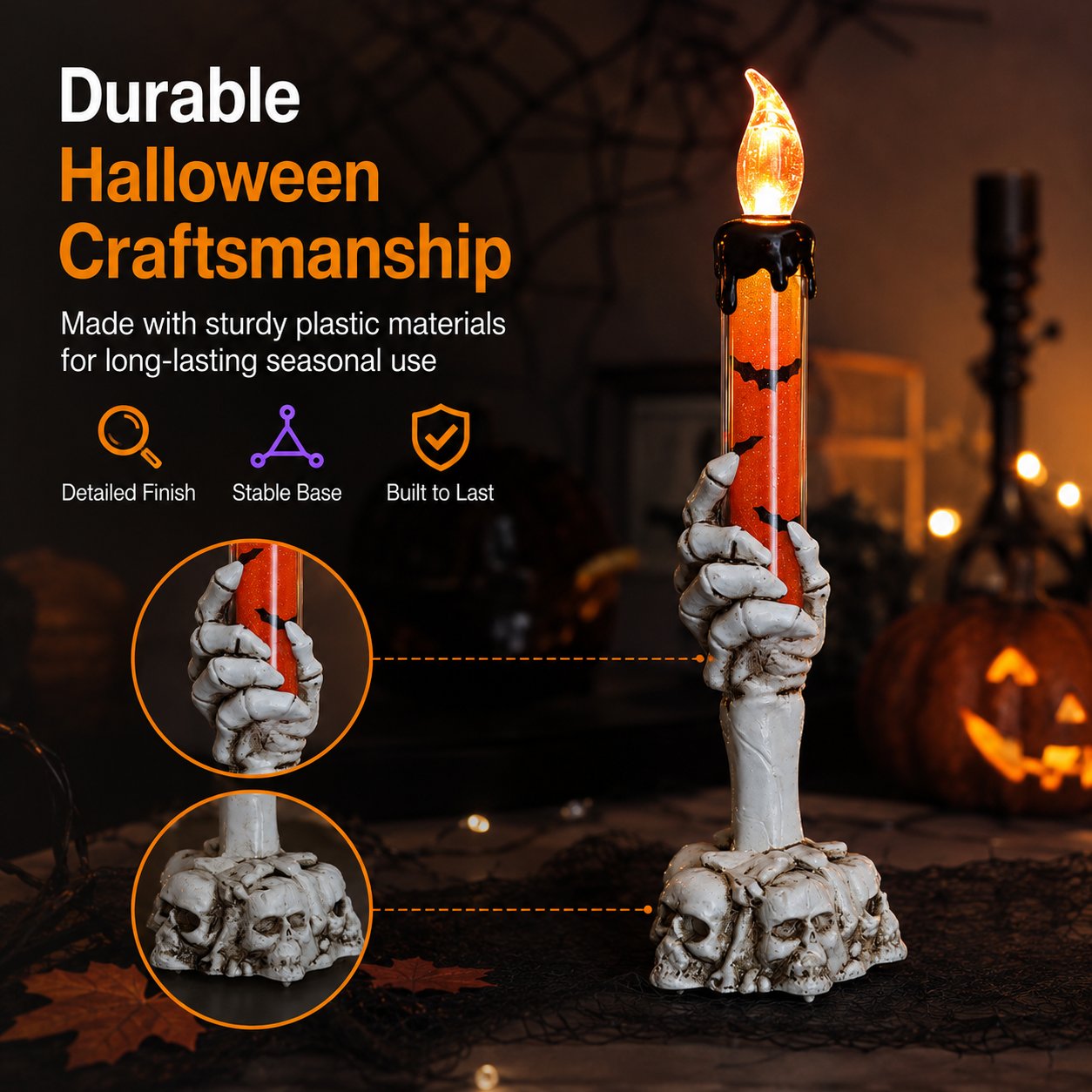 🎃 Siste dag med 50 % rabatt – LED-lysett med glitter i form av et skjelett, hodeskalle og hånd til Halloween