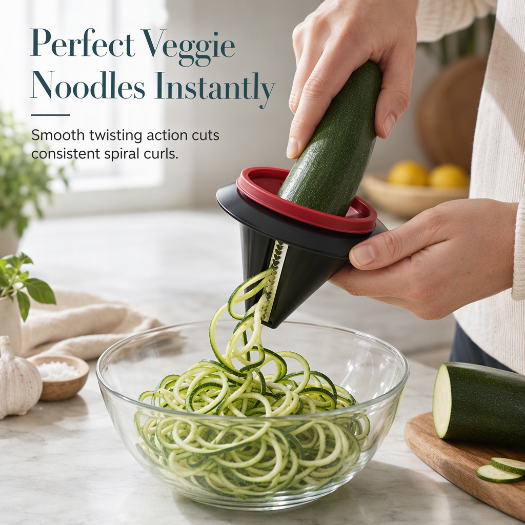 Håndholdt spiralskjærer og rivjern til grønnsaker